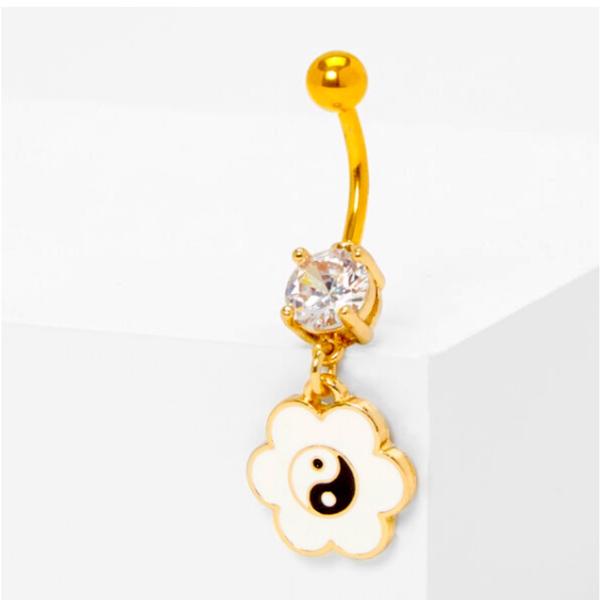 14k Gold Embellished Yin Yang Daisy Dangle Belly Ring